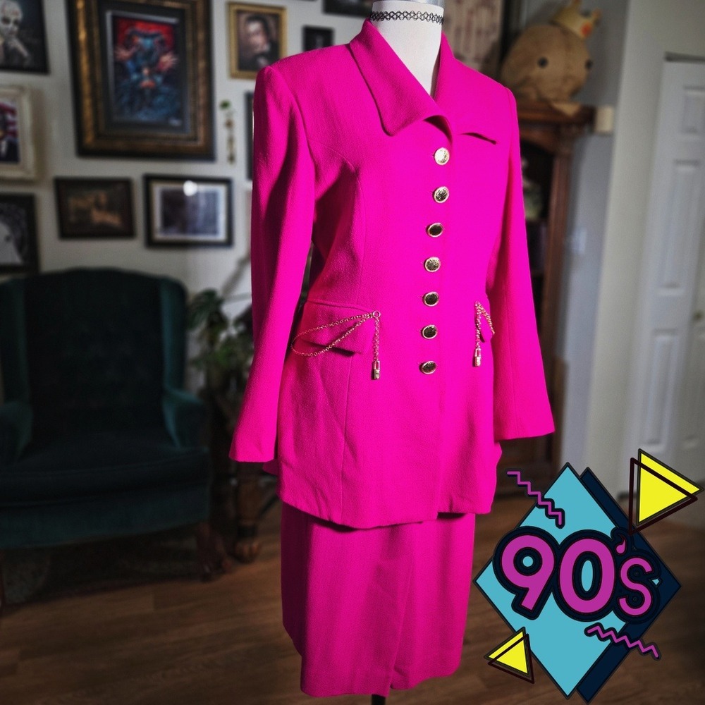 Vintage 90s Alberto‎ Makali Fuchsia Wool Skirt Suit Gold Button Set